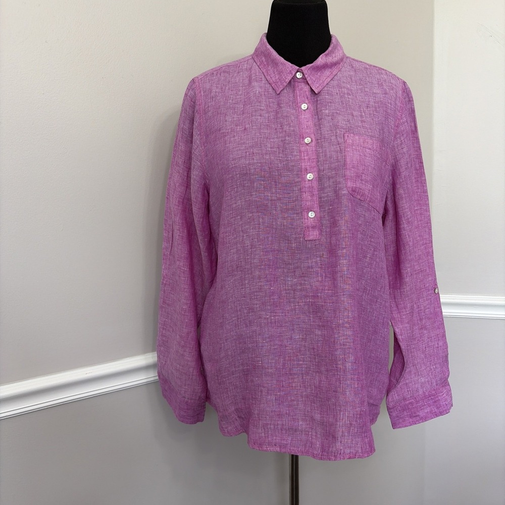 Jones NY Top Womens 100% Linen Button Long Roll Tab Sleeve Blouse Purple XL